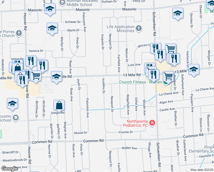 map of restaurants, bars, coffee shops, grocery stores, and more near 12838 Rosselo Avenue in Warren