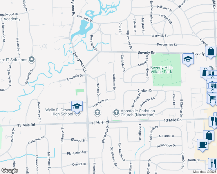 map of restaurants, bars, coffee shops, grocery stores, and more near 19592 Wilshire Boulevard in Beverly Hills