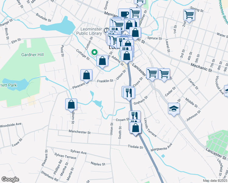 map of restaurants, bars, coffee shops, grocery stores, and more near 75 Union Street in Leominster
