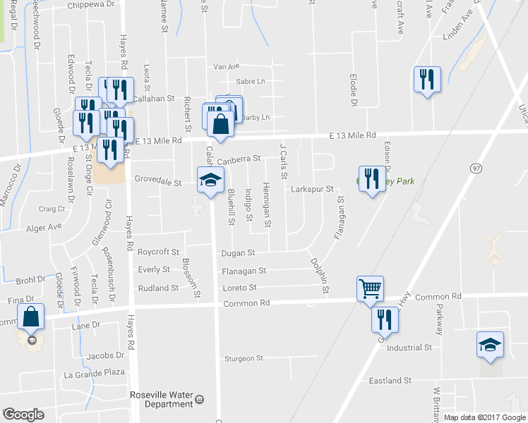 map of restaurants, bars, coffee shops, grocery stores, and more near 30509 Hennigan St in Roseville