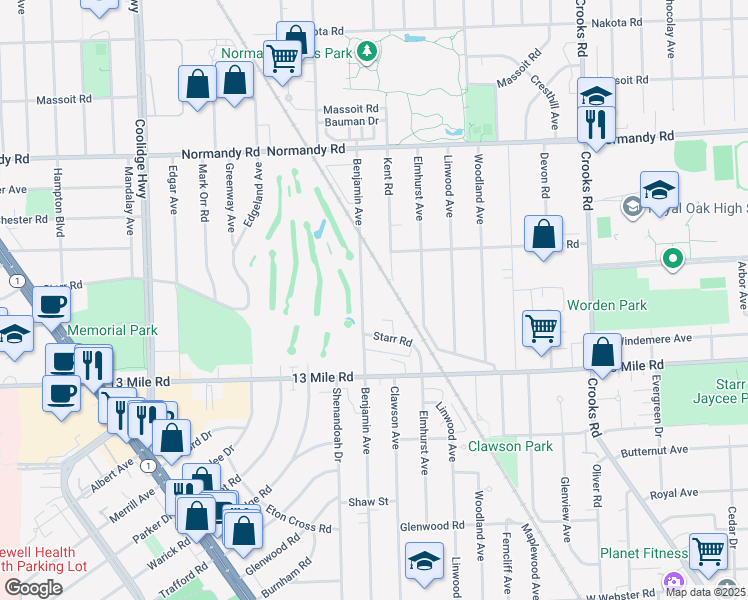 map of restaurants, bars, coffee shops, grocery stores, and more near 3536 Benjamin Ave in Royal Oak