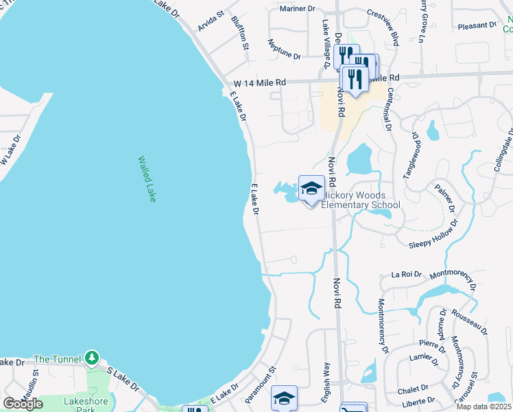 map of restaurants, bars, coffee shops, grocery stores, and more near 1255 East Lake Road in Novi