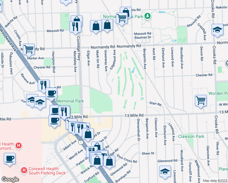 map of restaurants, bars, coffee shops, grocery stores, and more near 3516 Greenway Avenue in Royal Oak