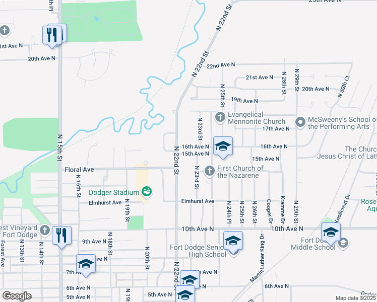 map of restaurants, bars, coffee shops, grocery stores, and more near 2222 15th Avenue North in Fort Dodge