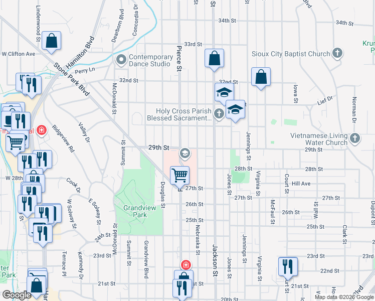 map of restaurants, bars, coffee shops, grocery stores, and more near 2818-2898 Pierce Street in Sioux City