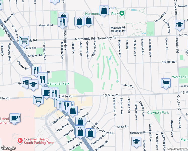map of restaurants, bars, coffee shops, grocery stores, and more near 3516 Greenway Avenue in Royal Oak