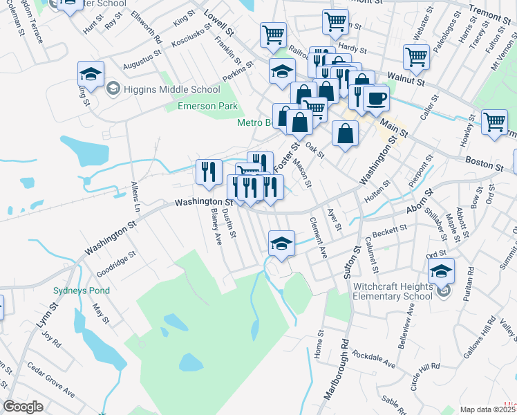 map of restaurants, bars, coffee shops, grocery stores, and more near 149 Washington Street in Peabody