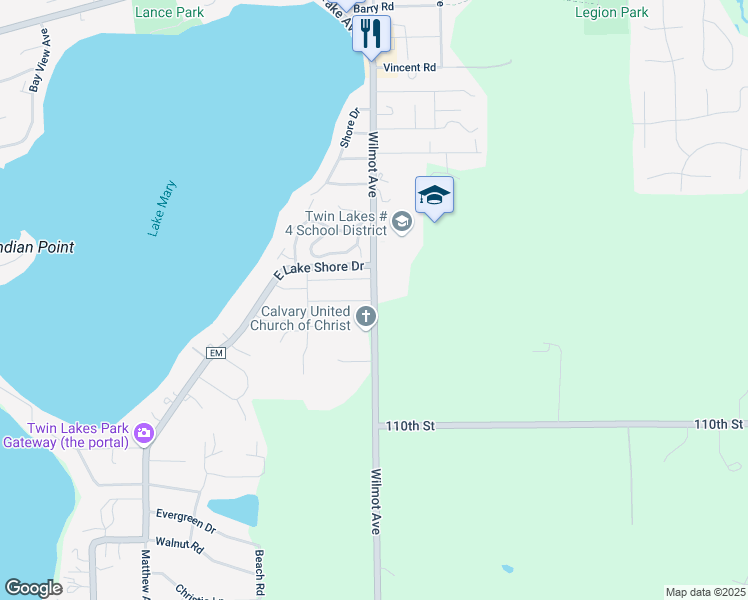 map of restaurants, bars, coffee shops, grocery stores, and more near 1442 Wilmot Avenue in Twin Lakes