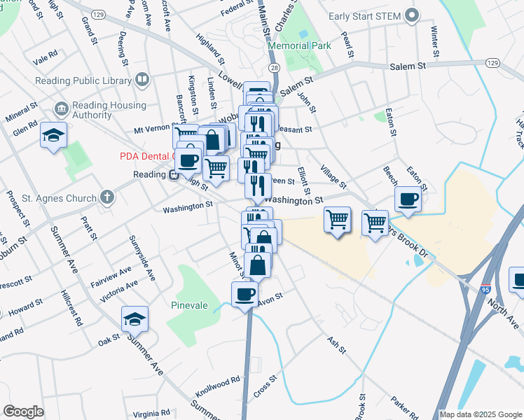 map of restaurants, bars, coffee shops, grocery stores, and more near 413 Main Street in Reading