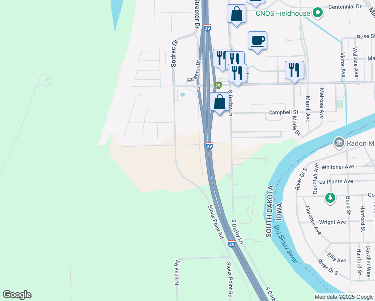 map of restaurants, bars, coffee shops, grocery stores, and more near 1302 Quiniela Drive in North Sioux City