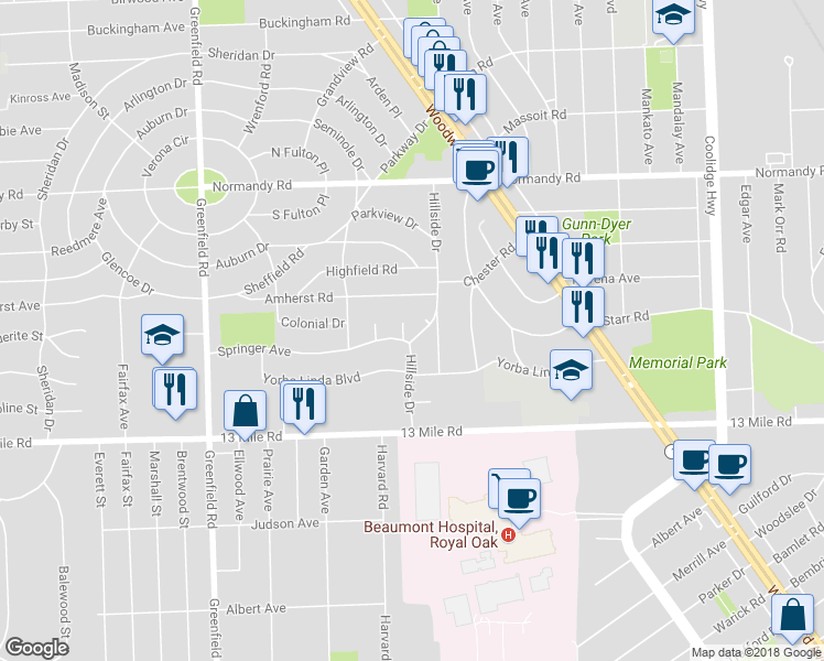 map of restaurants, bars, coffee shops, grocery stores, and more near 3902 Springer Avenue in Royal Oak