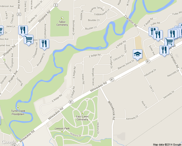 map of restaurants, bars, coffee shops, grocery stores, and more near 1700 Morgan Terrace in Beloit