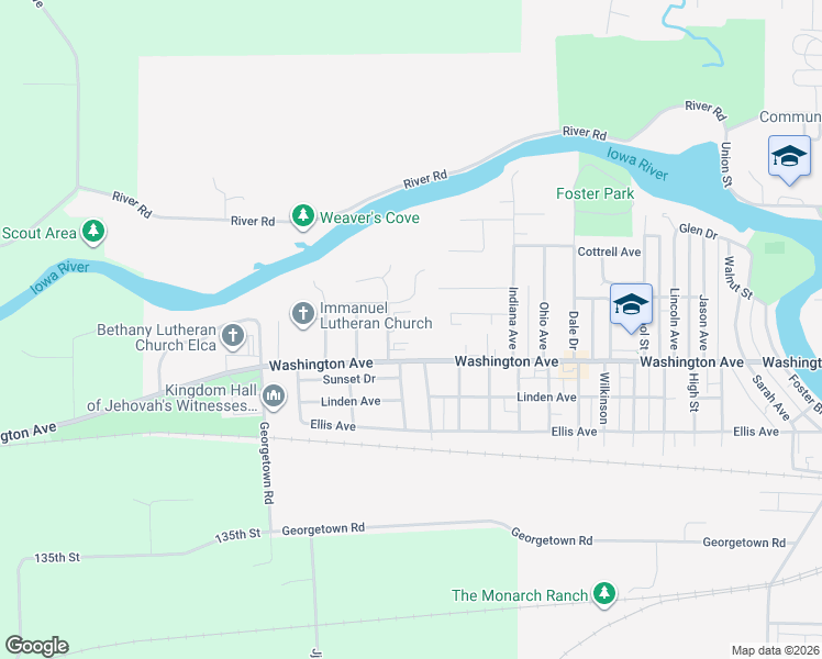 map of restaurants, bars, coffee shops, grocery stores, and more near 2320 Washington Avenue in Iowa Falls