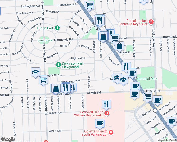 map of restaurants, bars, coffee shops, grocery stores, and more near 3902 Springer Avenue in Royal Oak