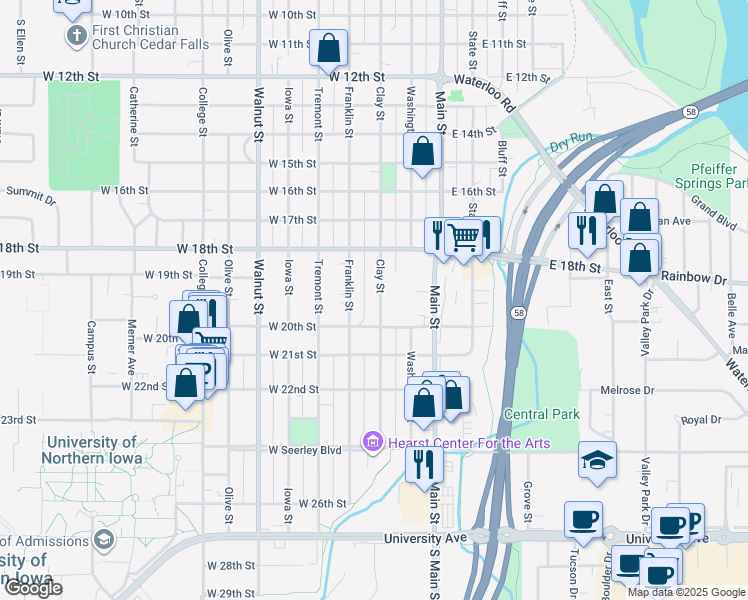 map of restaurants, bars, coffee shops, grocery stores, and more near 1924 Clay Street in Cedar Falls