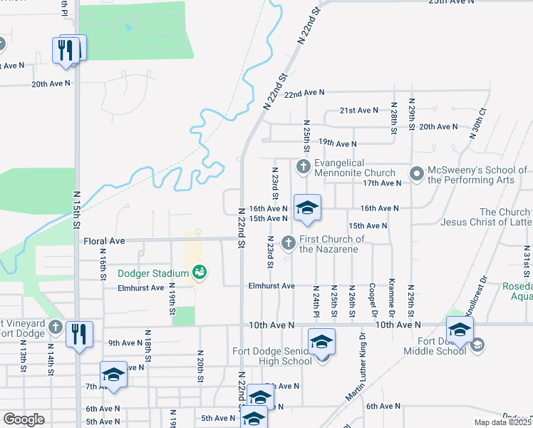 map of restaurants, bars, coffee shops, grocery stores, and more near 2222 15th Avenue North in Fort Dodge
