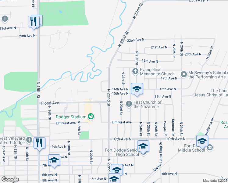 map of restaurants, bars, coffee shops, grocery stores, and more near 2222 15th Avenue North in Fort Dodge