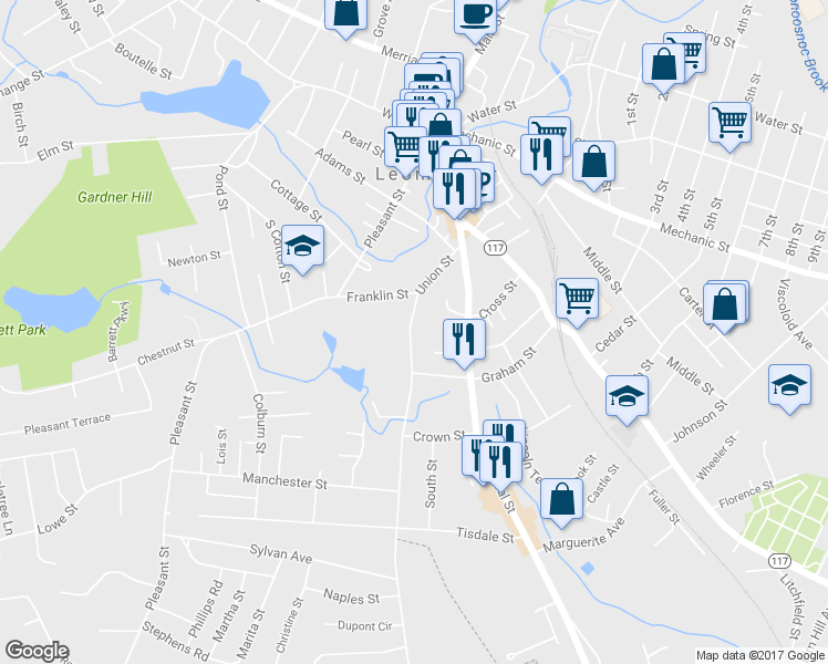 map of restaurants, bars, coffee shops, grocery stores, and more near 72 Union Street in Leominster