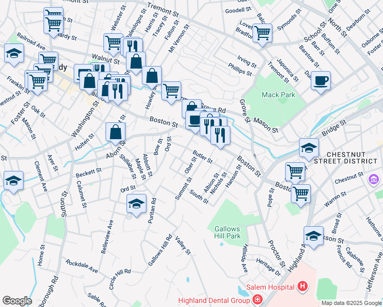 map of restaurants, bars, coffee shops, grocery stores, and more near 47 Butler Street in Salem