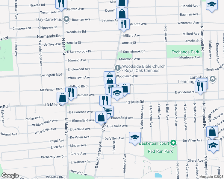 map of restaurants, bars, coffee shops, grocery stores, and more near 3428 Rochester Road in Royal Oak