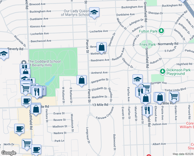 map of restaurants, bars, coffee shops, grocery stores, and more near 16236 Marguerite St in Beverly Hills