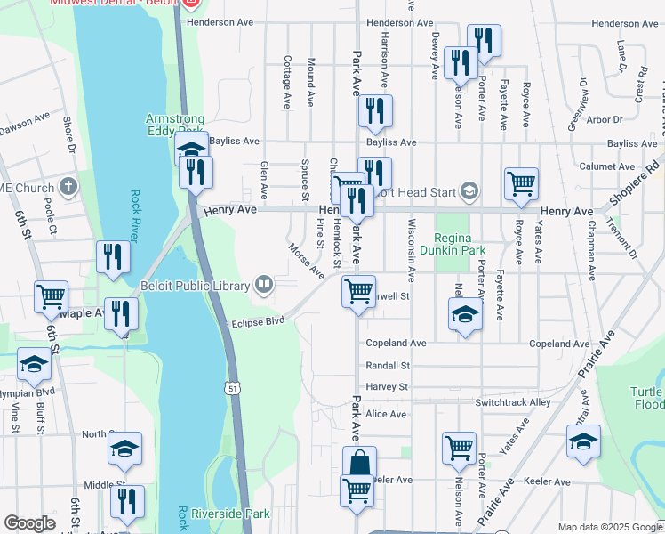 map of restaurants, bars, coffee shops, grocery stores, and more near 1716 Hemlock Street in Beloit