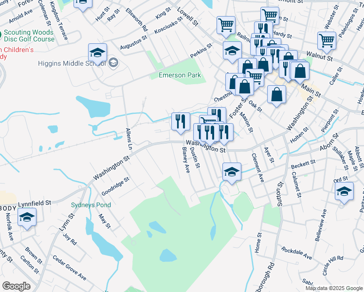 map of restaurants, bars, coffee shops, grocery stores, and more near 196-1/2 Washington Street in Peabody