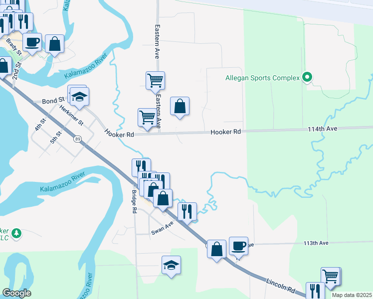 map of restaurants, bars, coffee shops, grocery stores, and more near 630 114th Avenue in Allegan