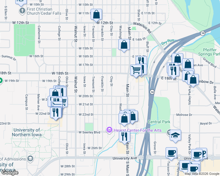 map of restaurants, bars, coffee shops, grocery stores, and more near 1924 Clay Street in Cedar Falls