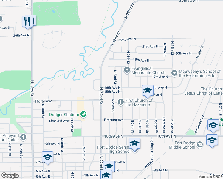 map of restaurants, bars, coffee shops, grocery stores, and more near 2222 15th Avenue North in Fort Dodge