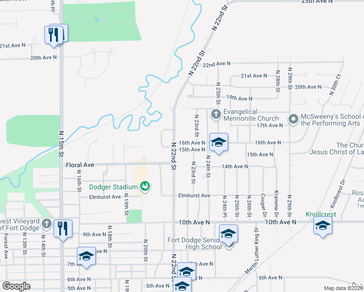 map of restaurants, bars, coffee shops, grocery stores, and more near 2222 15th Avenue North in Fort Dodge