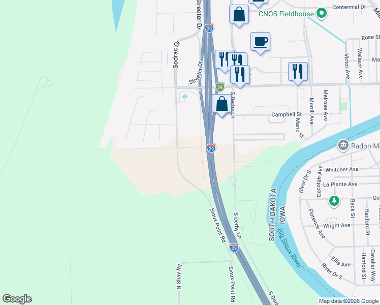 map of restaurants, bars, coffee shops, grocery stores, and more near 1302 Quiniela Drive in North Sioux City