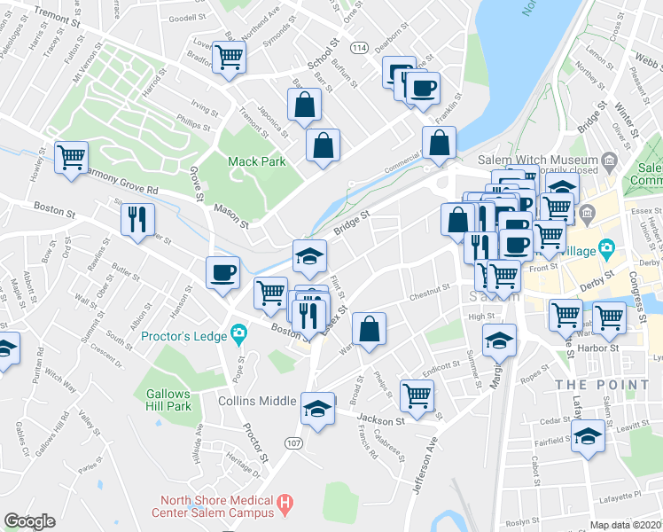 map of restaurants, bars, coffee shops, grocery stores, and more near 144 Federal Street in Salem