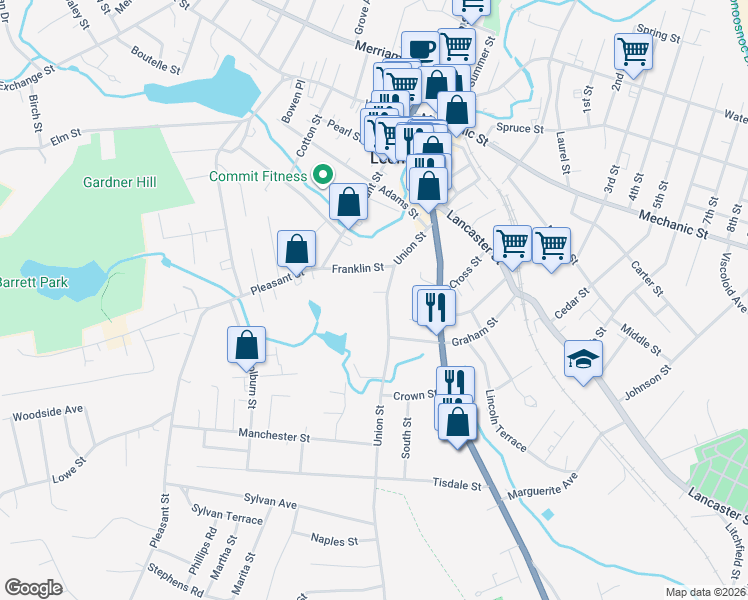 map of restaurants, bars, coffee shops, grocery stores, and more near 75 Union Street in Leominster