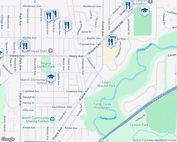 map of restaurants, bars, coffee shops, grocery stores, and more near 1725 Summit Avenue in Beloit