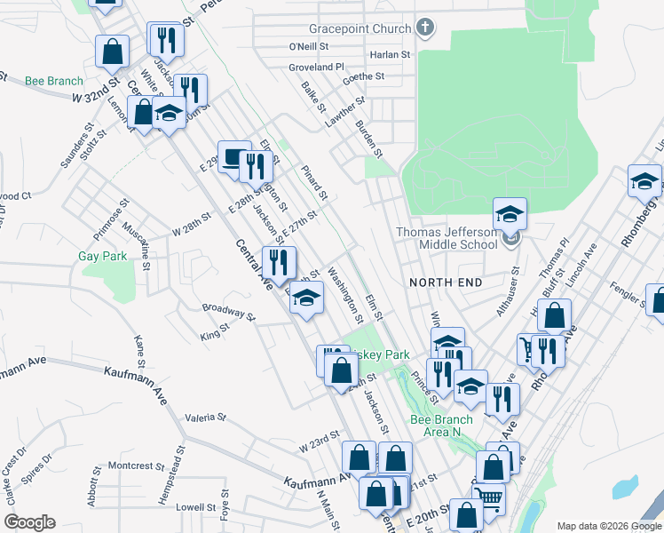 map of restaurants, bars, coffee shops, grocery stores, and more near 201 East 26th Street in Dubuque