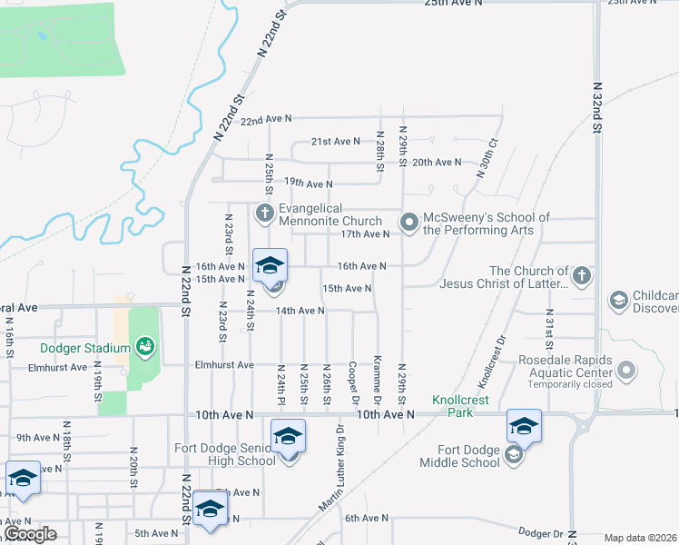 map of restaurants, bars, coffee shops, grocery stores, and more near 2631 16th Ave N in Fort Dodge