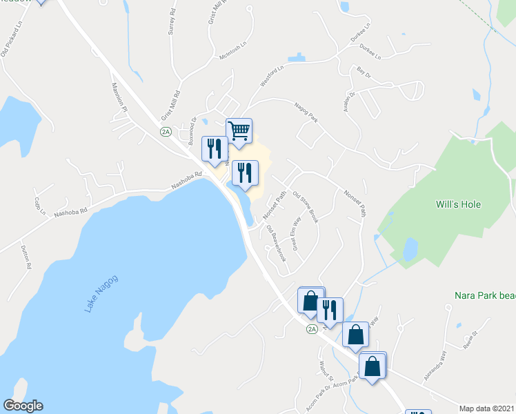 map of restaurants, bars, coffee shops, grocery stores, and more near 123 Waterside Clearing in Acton