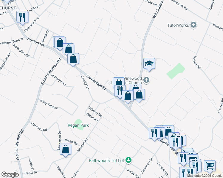 map of restaurants, bars, coffee shops, grocery stores, and more near 340 Cambridge Street in Burlington