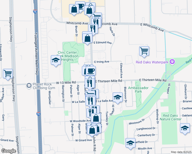 map of restaurants, bars, coffee shops, grocery stores, and more near 31030 John R Road in Madison Heights