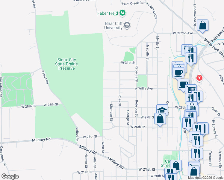 map of restaurants, bars, coffee shops, grocery stores, and more near 1616 West Willis Avenue in Sioux City