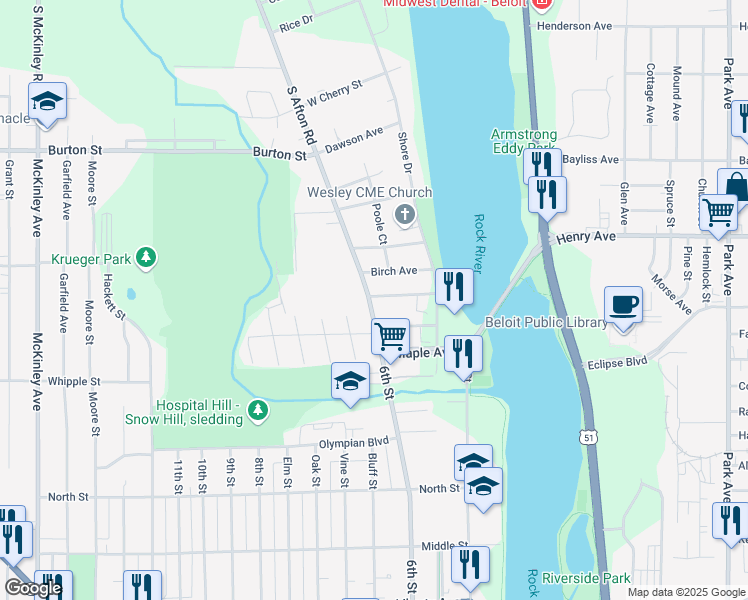 map of restaurants, bars, coffee shops, grocery stores, and more near 1633 6th Street in Beloit