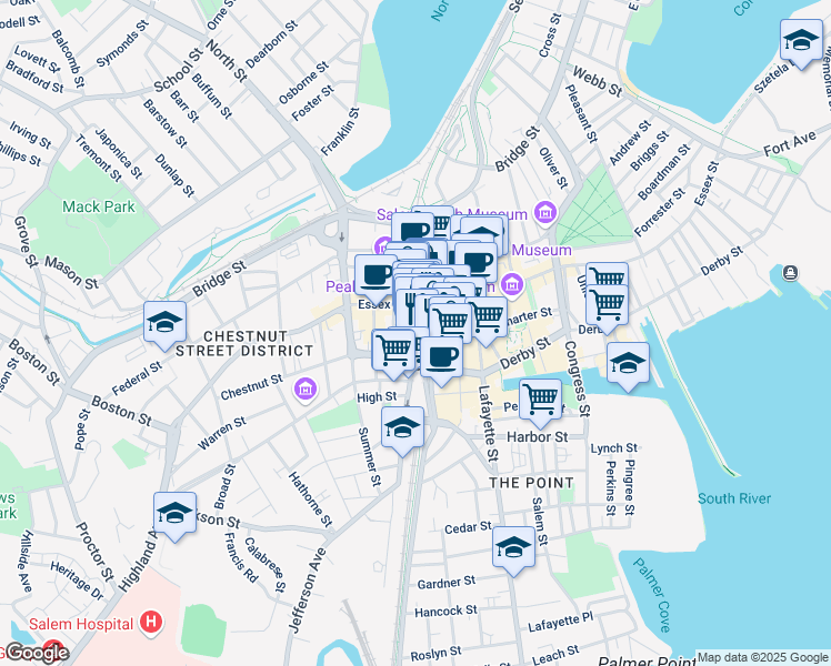 map of restaurants, bars, coffee shops, grocery stores, and more near 123 Washington Street in Salem