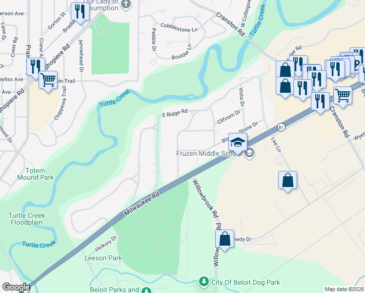 map of restaurants, bars, coffee shops, grocery stores, and more near 1701 Morgan Terrace in Beloit