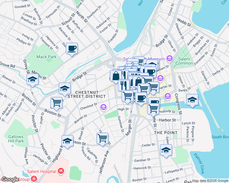 map of restaurants, bars, coffee shops, grocery stores, and more near 16 Summer Street in Salem