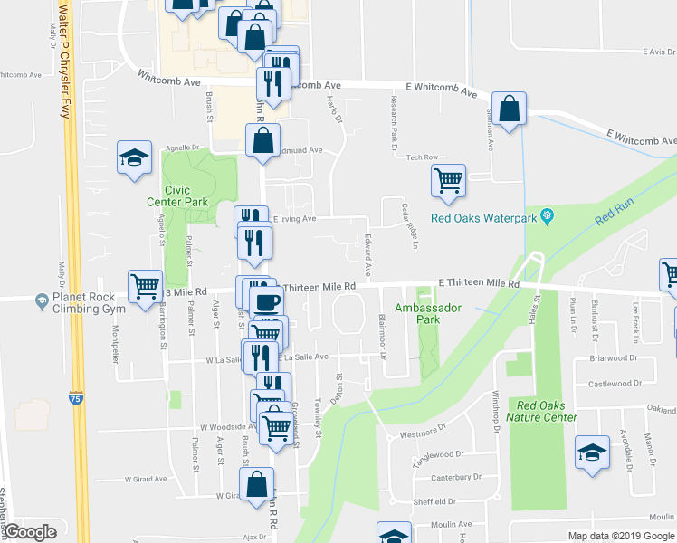 map of restaurants, bars, coffee shops, grocery stores, and more near 401 East Thirteen Mile Road in Madison Heights