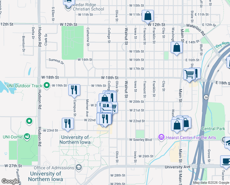 map of restaurants, bars, coffee shops, grocery stores, and more near 1924 College Street in Cedar Falls