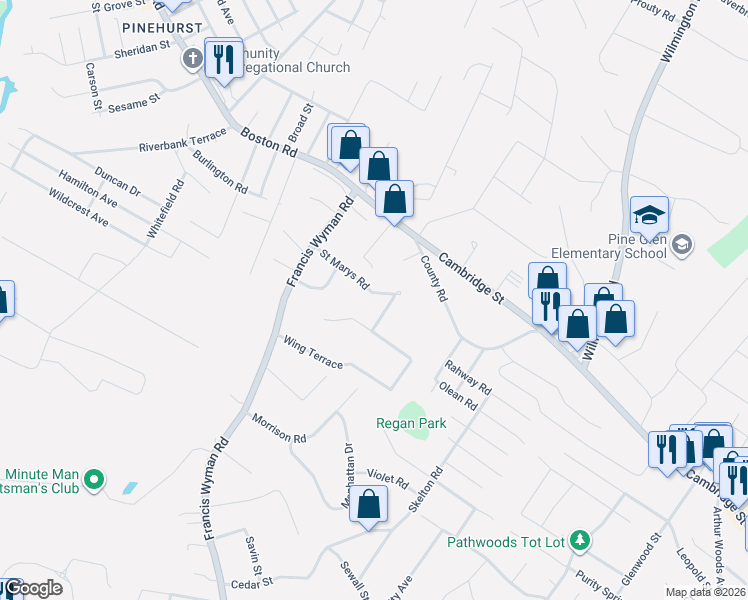 map of restaurants, bars, coffee shops, grocery stores, and more near 11 Saint Marys Road in Burlington