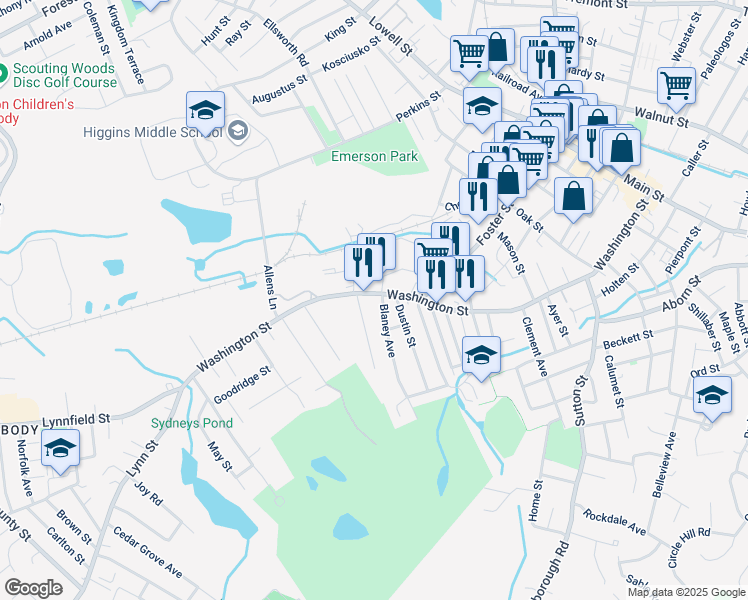 map of restaurants, bars, coffee shops, grocery stores, and more near 196-1/2 Washington Street in Peabody