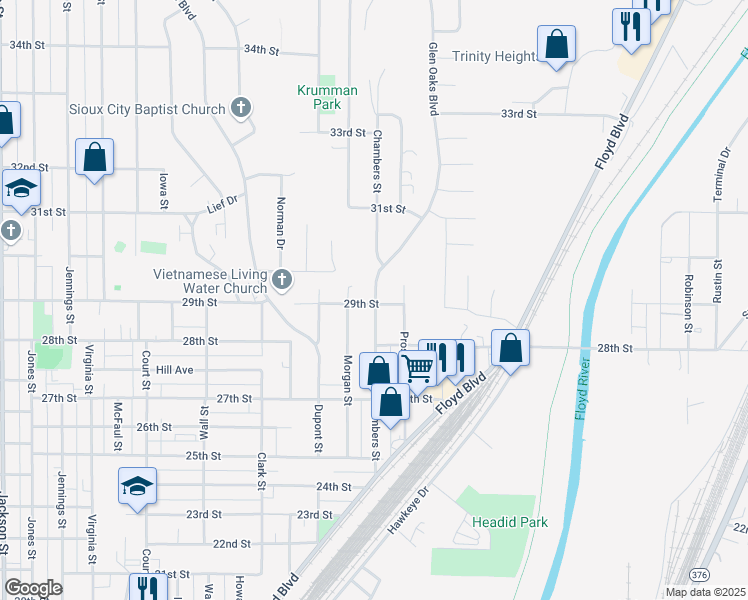 map of restaurants, bars, coffee shops, grocery stores, and more near 1898 29th Street in Sioux City